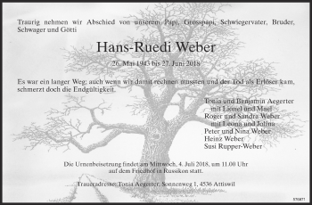 Traueranzeige von Hans-Ruedi Weber von ZO Gesamt