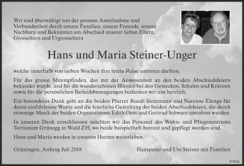 Traueranzeige von Hans Steiner-Unger von ZO Gesamt