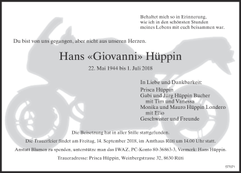 Traueranzeige von Hans Giovanni Hüppin von ZO Gesamt