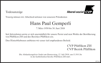 Traueranzeige von Hans Paul Gemperli von ZO Gesamt