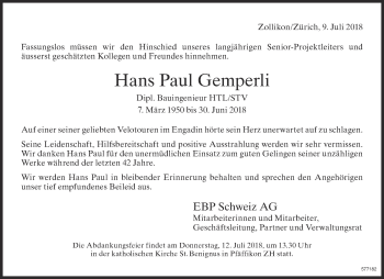 Traueranzeige von Hans Paul Gemperli von ZO Gesamt