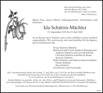 Traueranzeige von Ida Schättin-Mächler von ZO Gesamt