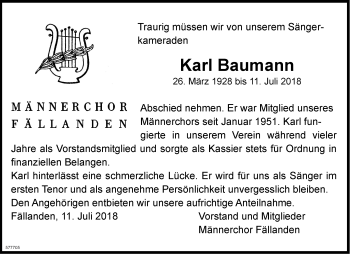 Traueranzeige von Karl Baumann von Glattaler