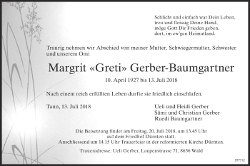 Traueranzeige von Margrit Gerber-Baumgartner von ZO Gesamt