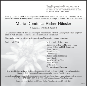 Traueranzeige von Marie Dominica Eicher-Häusler von ZO Gesamt