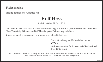 Traueranzeige von Rolf Hess von ZO Gesamt