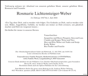 Traueranzeige von Rosmarie Lichtensteiger-Weber von ZO Gesamt