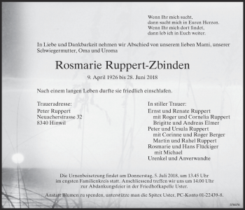 Traueranzeige von Rosmarie Ruppert-Zbinden von ZO Gesamt