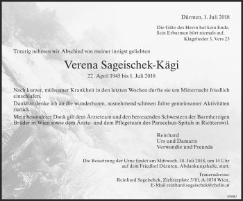 Traueranzeige von Verena Sageischek-Kägi von ZO Gesamt