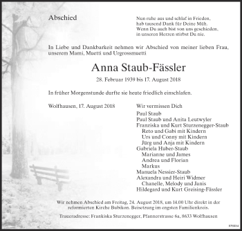 Traueranzeige von Anna Staub-Fässler von ZO Gesamt