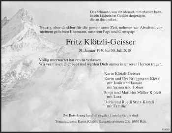 Traueranzeige von Fritz Klötzli-Geisser von ZO Gesamt