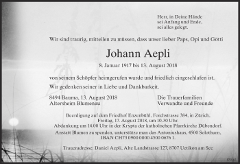 Traueranzeige von Johann Aepli von Glattaler