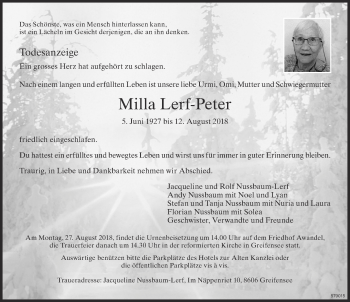 Traueranzeige von Milla Lerf-Peter von ZO Gesamt