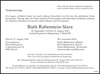 Traueranzeige von Ruth Rabenstein-Siara von ZO Gesamt