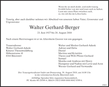 Traueranzeige von Walter Gerhard-Berger von ZO Gesamt