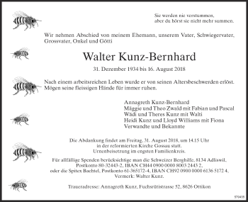 Traueranzeige von Walter Kunz-Bernhard von ZO Gesamt