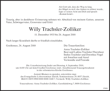 Traueranzeige von Willy Trachsler-Zolliker von ZO Gesamt