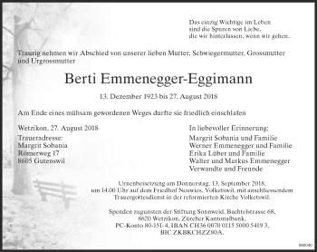 Traueranzeige von Berti Emmenegger-Eggimann von ZO Gesamt