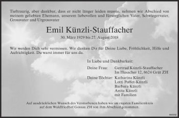 Traueranzeige von Emil Künzli-Stauffacher von ZO Gesamt