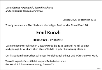 Traueranzeige von Emil Künzli von ZO Gesamt