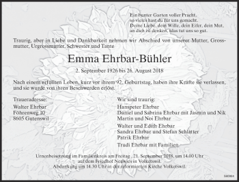 Traueranzeige von Emma Ehrbar-Bühler von Glattaler