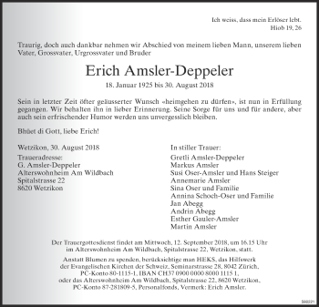 Traueranzeige von Erich Amsler-Deppeler von ZO Gesamt