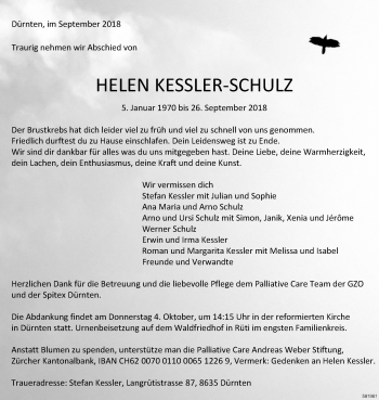 Traueranzeige von Helen Kessler-Schulz von ZO Gesamt