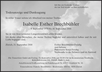 Traueranzeige von Isabelle Esther Brechbühler von ZO Gesamt