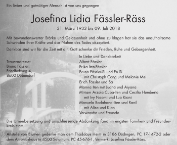 Traueranzeige von Josefina Lidia Fässler-Räss von Glattaler