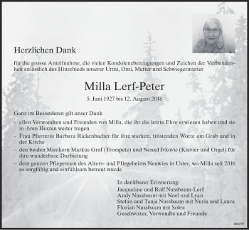 Traueranzeige von Milla Lerf-Peter von ZO Gesamt