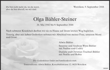 Traueranzeige von Olga Bähler-Steiner von ZO Gesamt