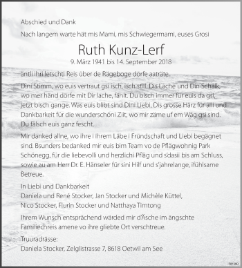 Traueranzeige von Ruth Kunz-Lerf von ZO Gesamt