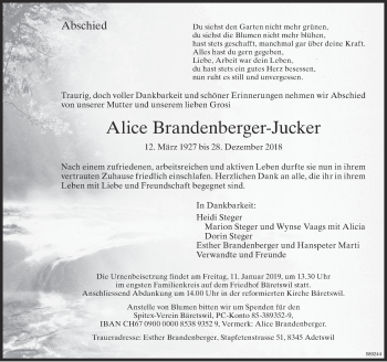 Traueranzeige von Alice Brandenberger-Jucker von ZO Gesamt