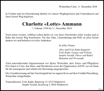 Traueranzeige von Charlotte  Ammann von ZO Gesamt