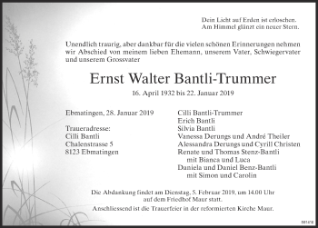 Traueranzeige von Ernst Walter Bantli-Trummer von ZO Gesamt