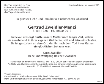 Traueranzeige von Gertrud Zweidler-Menzi von Glattaler