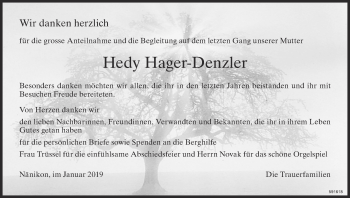 Traueranzeige von Hedy Hager-Denzler von ZO Gesamt