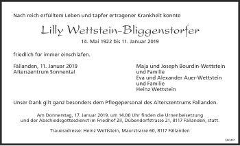 Traueranzeige von Lilly Wettstein-Bliggenstorfer von Glattaler