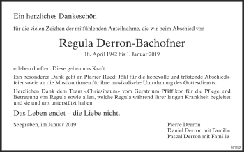 Traueranzeige von Regula Derron-Bachofner von ZO Gesamt