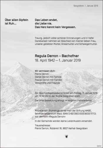 Traueranzeige von Regula Derron-Bachofner von ZO Gesamt