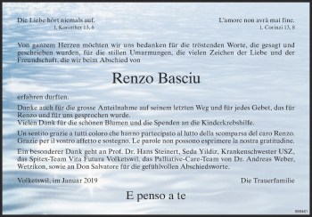 Traueranzeige von Renzo Basciu von Glattaler