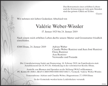 Traueranzeige von Valérie Weber-Wissler von ZO Gesamt