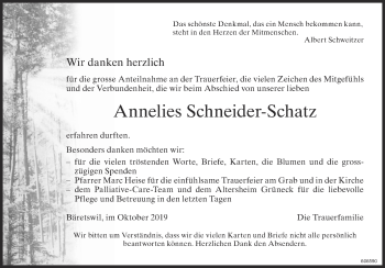 Traueranzeige von Annelies Schneider-Schatz von ZO Gesamt