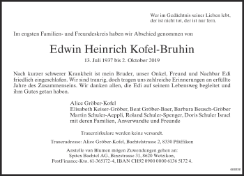 Traueranzeige von Edwin Heinrich Kofel-Bruhin von ZO Gesamt