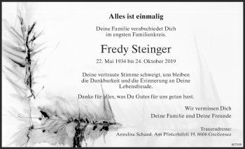 Traueranzeige von Fredy Steinger von ZO Gesamt