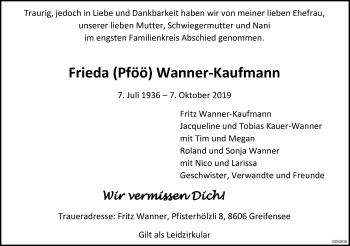 Traueranzeige von Frieda Wanner-Kaufmann von ZO Gesamt