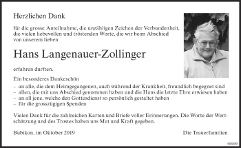 Traueranzeige von Hans Langenauer-Zollinger von ZO Gesamt