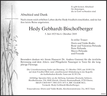 Traueranzeige von Hedy Gebhardt-Bischofberger von ZO Gesamt