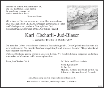 Traueranzeige von Karl Jud-Blaser von ZO Gesamt