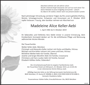 Traueranzeige von Madeleine Alice Keller-Aebi von ZO Gesamt